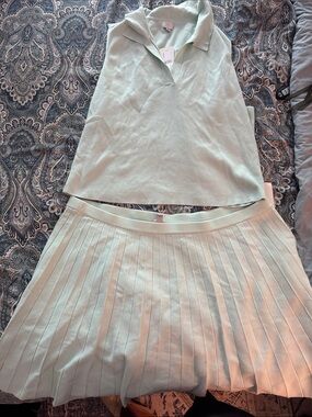 a new day Mint Green Pleated Skirt and Polo Knit Top Set